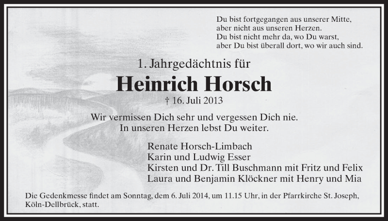  Traueranzeige für Heinrich Horsch vom 02.07.2014 aus  Schlossbote/Werbekurier 