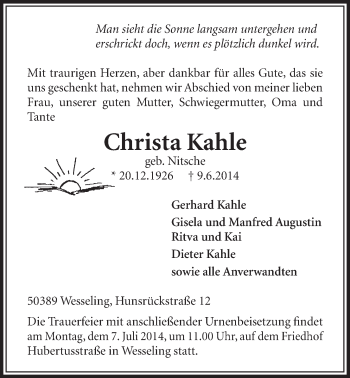 Anzeige von Christa Kahle von  Schlossbote/Werbekurier 