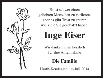 Anzeige von Inge Eiser von  Wochenende 