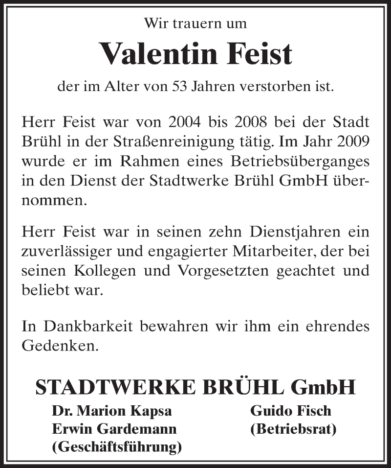  Traueranzeige für Valentin Feist vom 02.07.2014 aus  Schlossbote/Werbekurier 