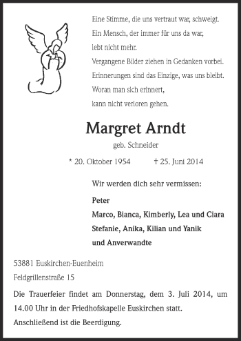 Anzeige von Margret Arndt von  Blickpunkt Euskirchen 