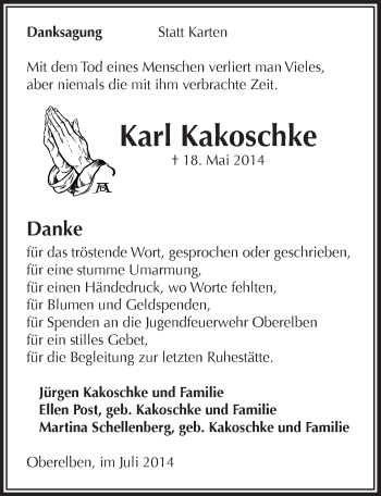 Anzeige von Karl Kakoschke von  Anzeigen Echo  Lokalanzeiger 
