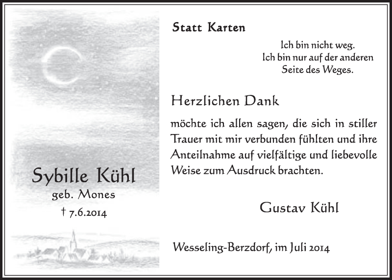  Traueranzeige für Sybille Kühl vom 02.07.2014 aus  Schlossbote/Werbekurier 