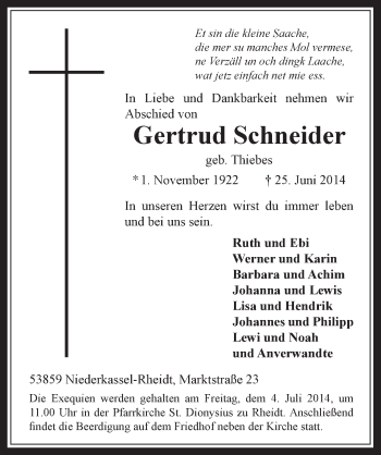Anzeige von Gertrud Schneider von  Extra Blatt 