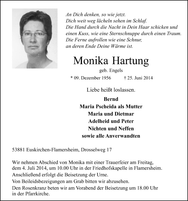  Traueranzeige für Monika Hartung vom 29.06.2014 aus  Blickpunkt Euskirchen 