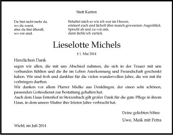 Anzeige von Lieselotte Michels von  Anzeigen Echo 