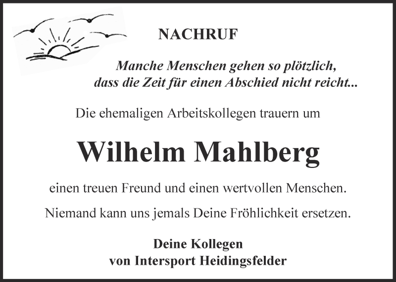  Traueranzeige für Wilhelm Mahlberg vom 29.06.2014 aus  Blickpunkt Euskirchen 