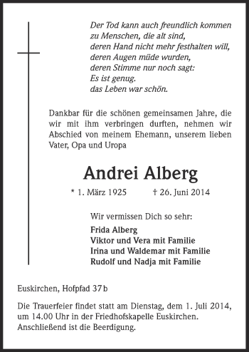 Anzeige von Andrei Alberg von  Blickpunkt Euskirchen 