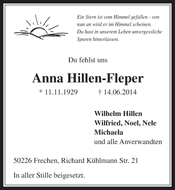 Anzeige von Anna Hillen-Fleper von  Wochenende 