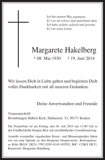 Anzeige von Margarete Hakelberg von  Werbepost 