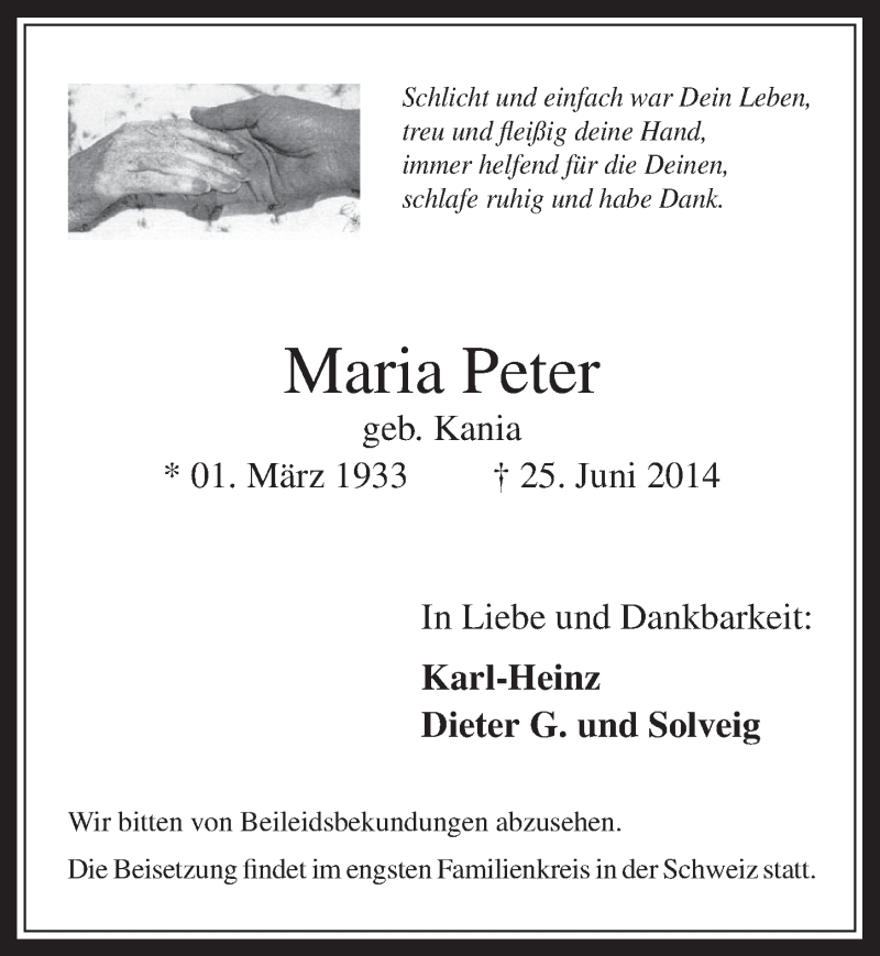 Traueranzeige für Maria Peter vom 02.07.2014 aus  Werbepost 