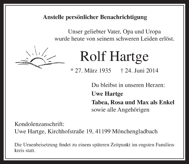  Traueranzeige für Rolf Hartge vom 02.07.2014 aus  Werbepost 