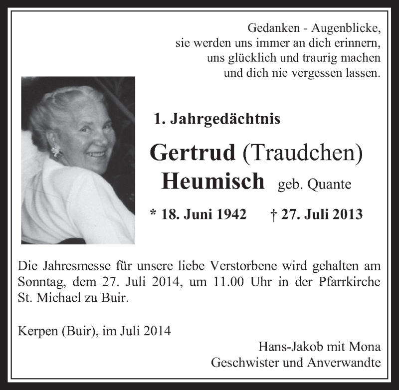  Traueranzeige für Gertrud Heumisch vom 23.07.2014 aus  Werbepost 