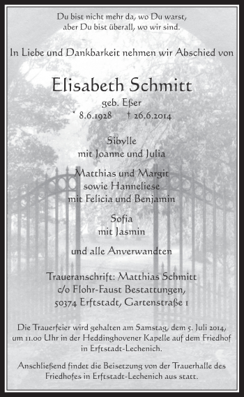 Anzeige von Elisabeth Schmitt von  Werbepost 