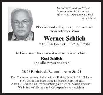 Anzeige von Werner Schlich von  Schaufenster/Blickpunkt 