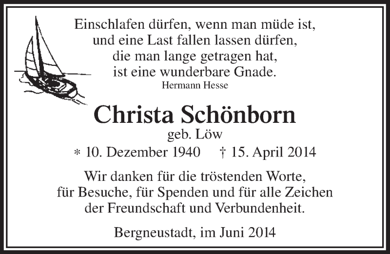  Traueranzeige für Christa Schönborn vom 02.07.2014 aus  Anzeigen Echo 