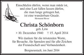 Anzeige von Christa Schönborn von  Anzeigen Echo 