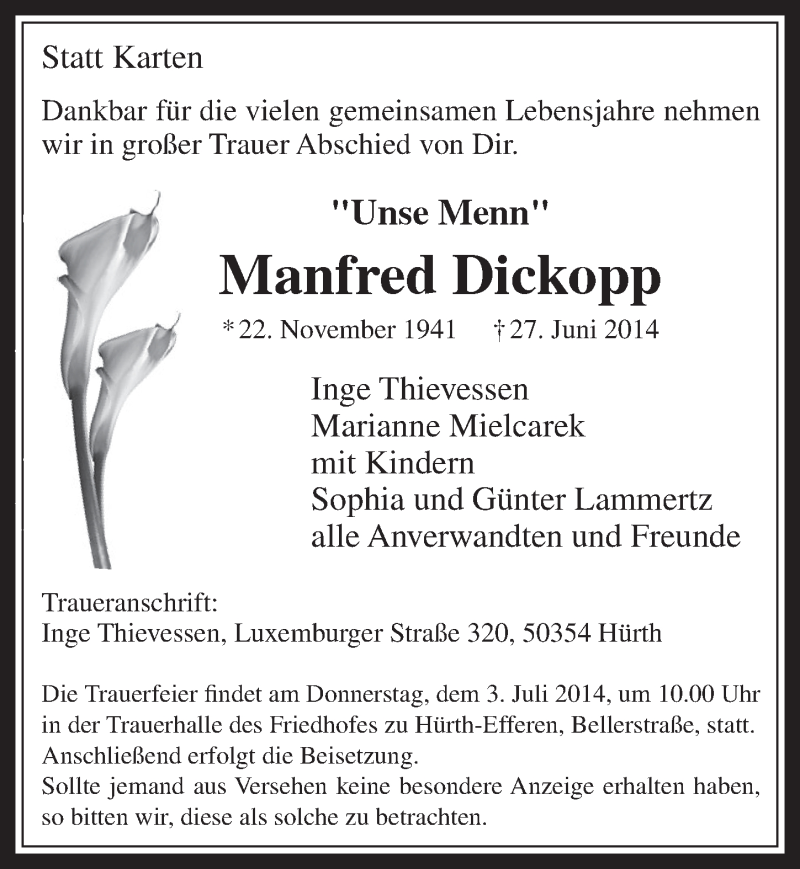  Traueranzeige für Manfred Dickopp vom 02.07.2014 aus  Wochenende 