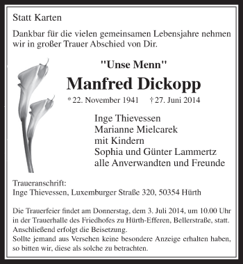 Anzeige von Manfred Dickopp von  Wochenende 