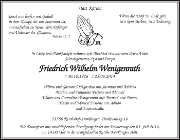Anzeige von Friedrich Wilhelm Wenigenrath von  Lokalanzeiger 