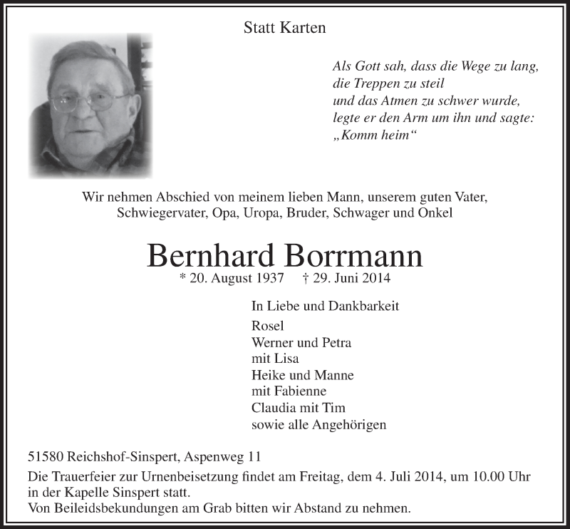  Traueranzeige für Bernhard Borrmann vom 02.07.2014 aus  Lokalanzeiger 