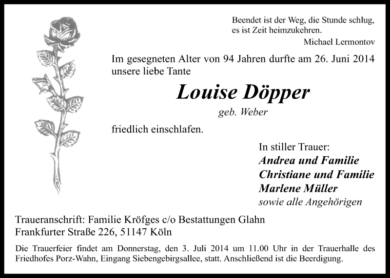  Traueranzeige für Louise Döpper vom 02.07.2014 aus  Kölner Wochenspiegel 