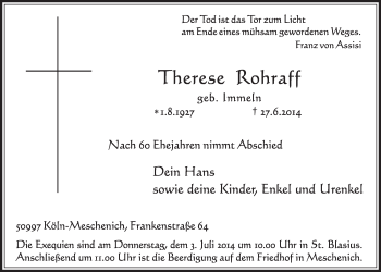 Anzeige von Therese Rohraff von  Schlossbote/Werbekurier 