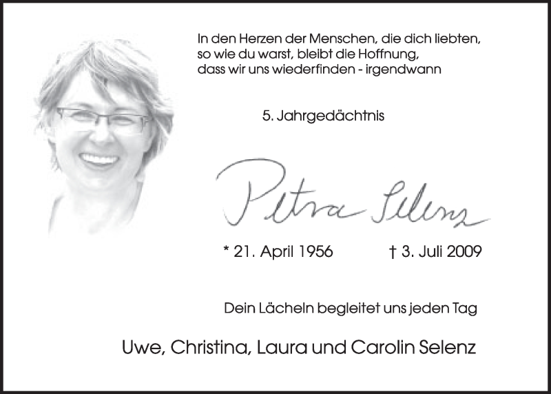  Traueranzeige für Petra Selenz vom 02.07.2014 aus  Schlossbote/Werbekurier 