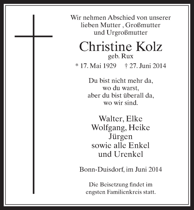  Traueranzeige für Christine Kolz vom 02.07.2014 aus  Schaufenster/Blickpunkt 