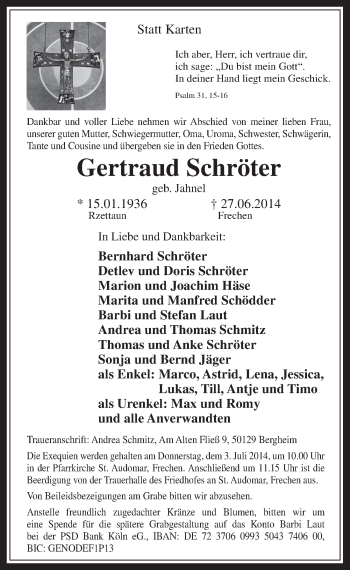 Anzeige von Gertraud Schröter von  Wochenende 