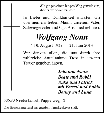 Anzeige von Wolfgang Nonn von  Kölner Wochenspiegel 
