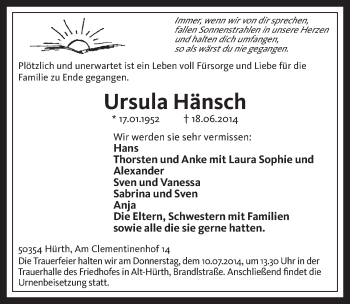 Anzeige von Ursula Hänsch von  Wochenende 