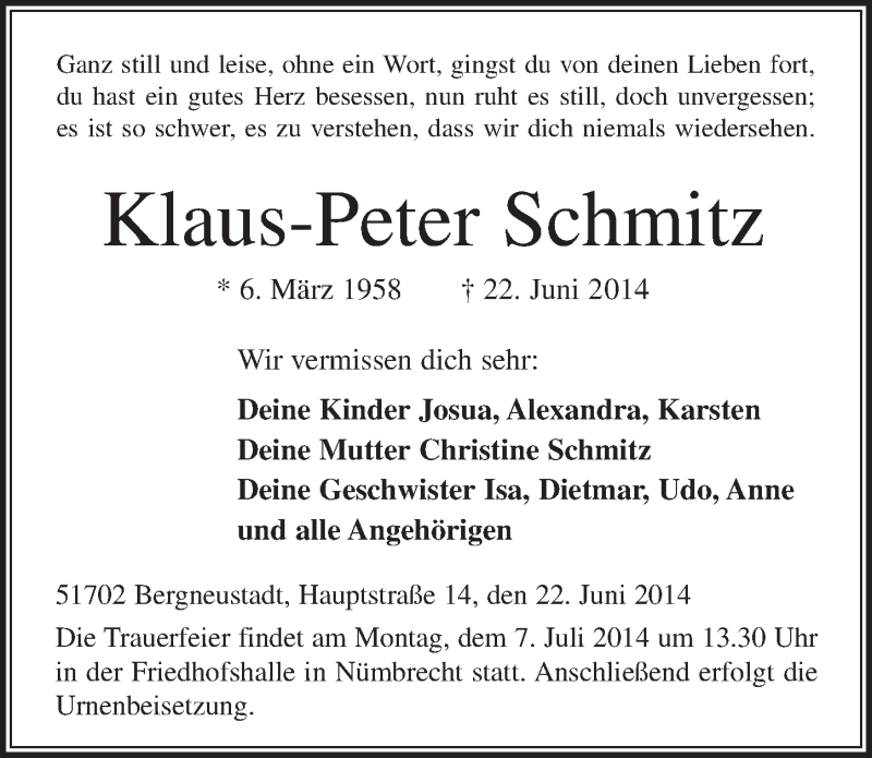 Traueranzeige für Klaus-Peter Schmitz vom 02.07.2014 aus  Anzeigen Echo  Lokalanzeiger 