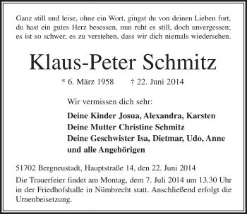 Anzeige von Klaus-Peter Schmitz von  Anzeigen Echo  Lokalanzeiger 