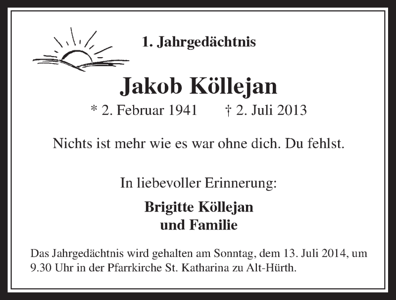  Traueranzeige für Jakob Köllejan vom 02.07.2014 aus  Wochenende 