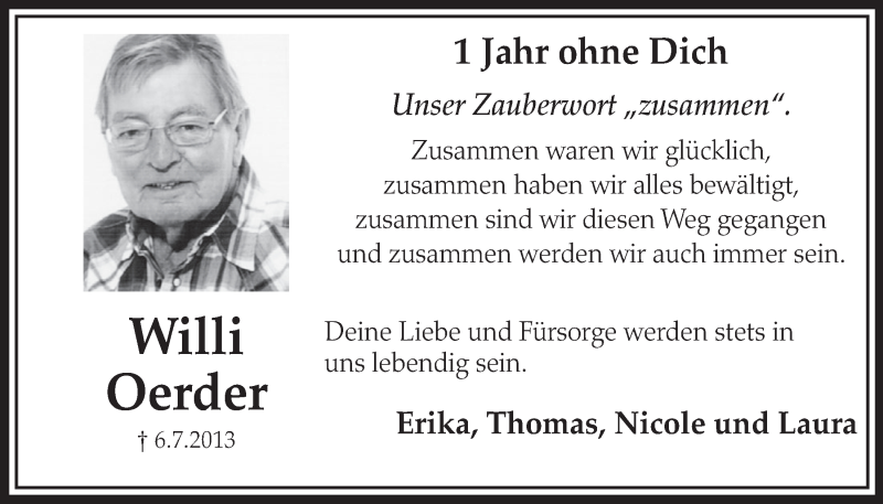  Traueranzeige für Willi Oerder vom 02.07.2014 aus  Schlossbote/Werbekurier 