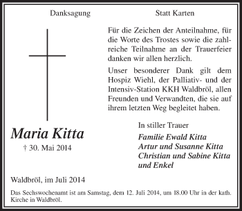 Anzeige von Maria Kitta von  Lokalanzeiger 