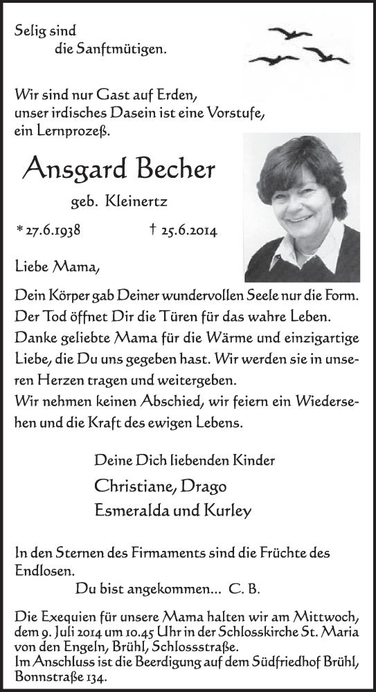  Traueranzeige für Ansgard Becher vom 02.07.2014 aus  Schlossbote/Werbekurier 
