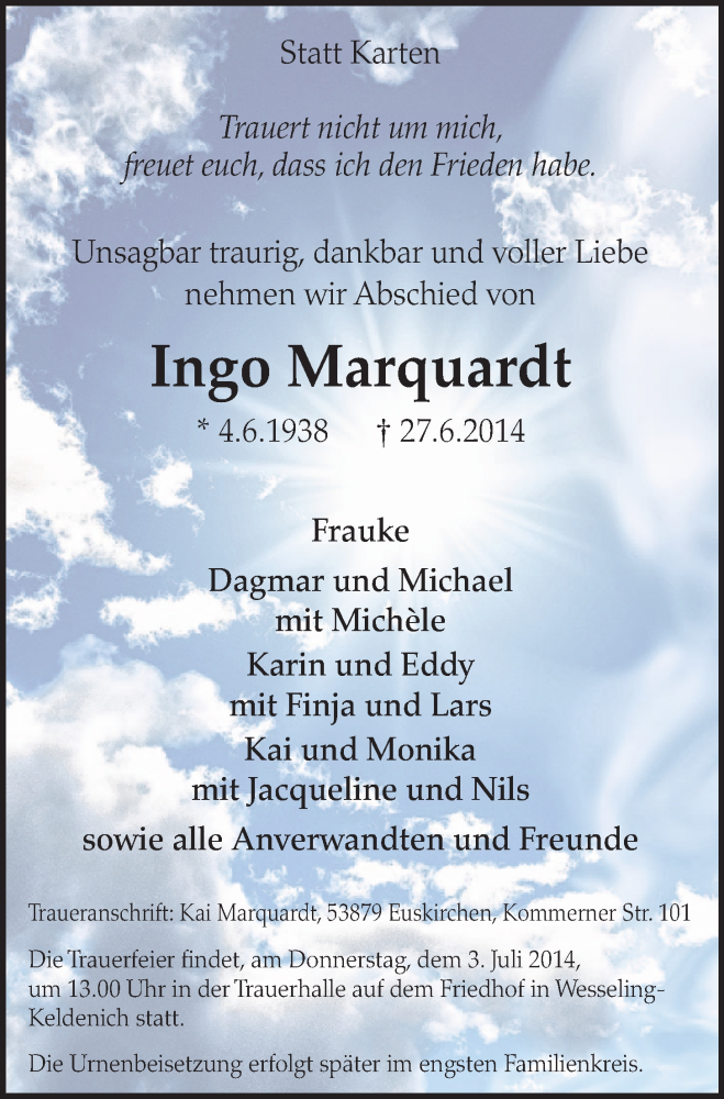  Traueranzeige für Ingo Marquardt vom 02.07.2014 aus  Schlossbote/Werbekurier 