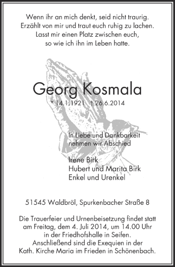 Anzeige von Georg  Kosmala von  Lokalanzeiger 