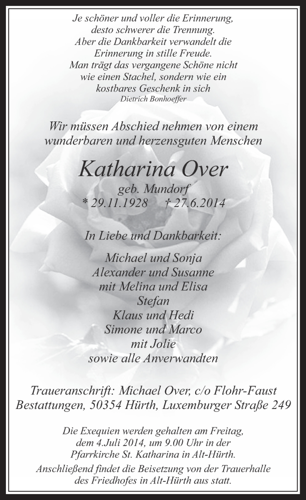  Traueranzeige für Kathaina Over vom 02.07.2014 aus  Wochenende 