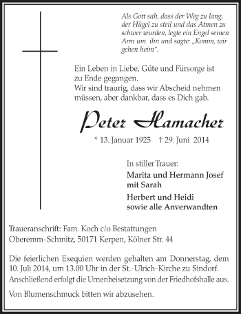 Anzeige von Peter Hamacher von  Sonntags-Post 