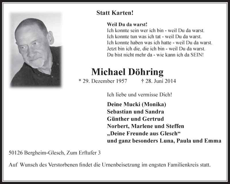  Traueranzeige für Michael Döhring vom 09.07.2014 aus  Werbepost 