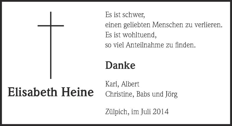  Traueranzeige für Elisabeth Heine vom 06.07.2014 aus  Blickpunkt Euskirchen 