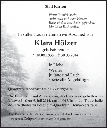 Anzeige von Klara Hölzer von  Sonntags-Post 