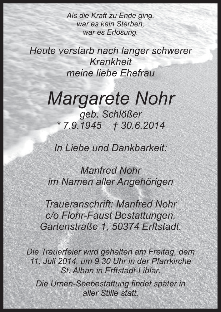  Traueranzeige für Margarete Nohr vom 09.07.2014 aus  Werbepost 
