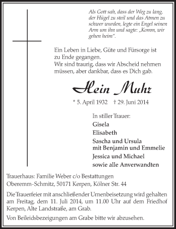 Anzeige von Hein Muhr von  Sonntags-Post 