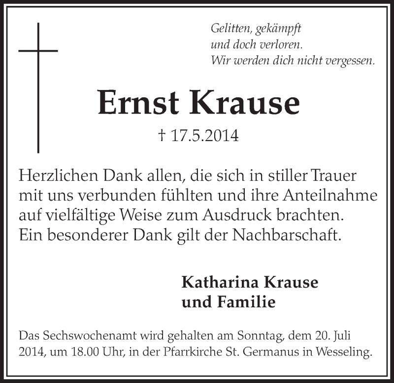  Traueranzeige für Ernst Krause vom 09.07.2014 aus  Schlossbote/Werbekurier 