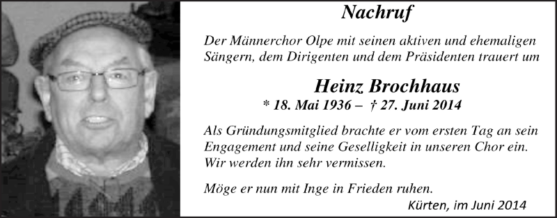  Traueranzeige für Heinz Brochhaus vom 09.07.2014 aus  Bergisches Handelsblatt 