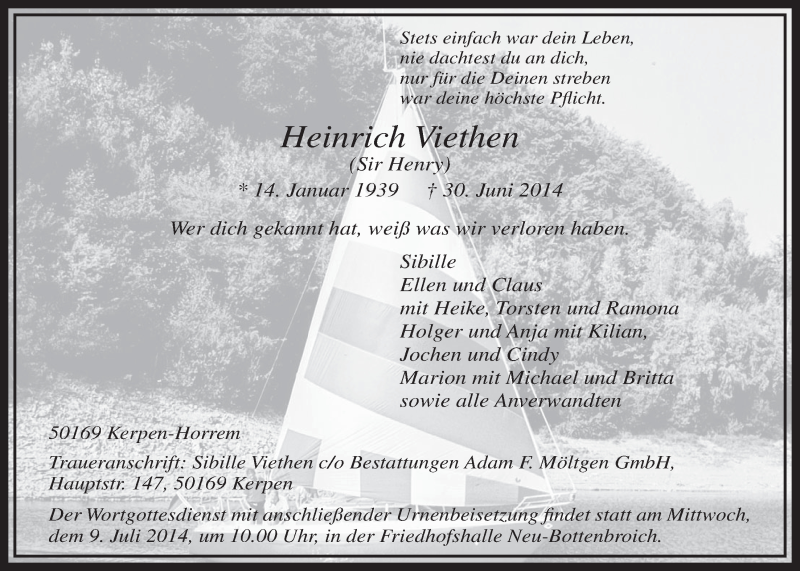  Traueranzeige für Heinrich Viethen vom 05.07.2014 aus  Sonntags-Post 